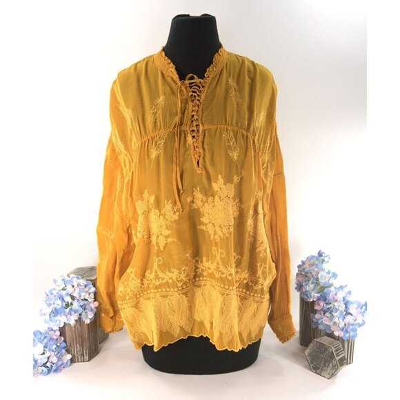 Johnny Was Persimmon Rayon Embroidered Lara Feather Top Shirt Blouse Sz L NWT